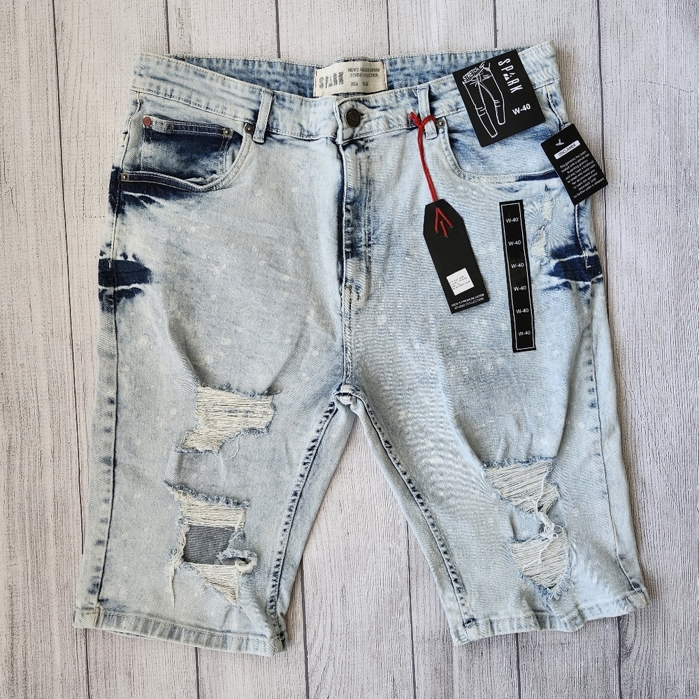 Plus Size Men Light Blue Distressed Denim Biker Shorts - Skinny Fit